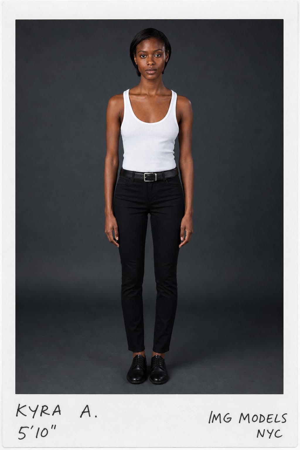 Comp card full body, white tank top and black trousers